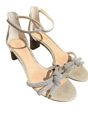 Jewel Badgley Mischka Gold Rhinestone Knot Block Heel Sandals Sz 8